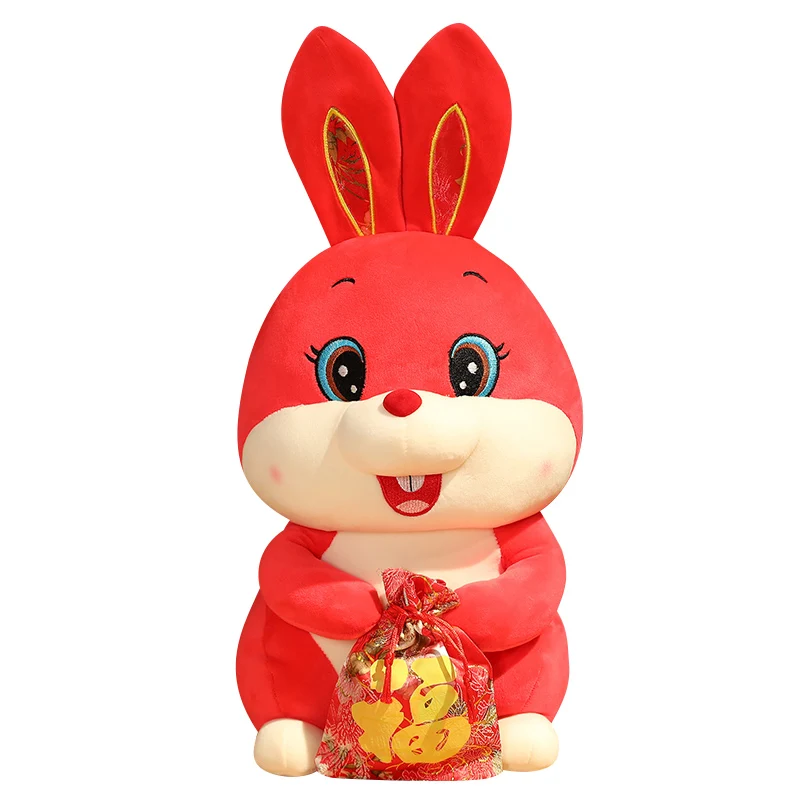 

Nice 2023 Year Chinese Zodiac Rabbit Hold Fu Bag Plush Toy Bunny Mascot Plush Doll Pillow Stuffed For Kids New Year'S Gift
