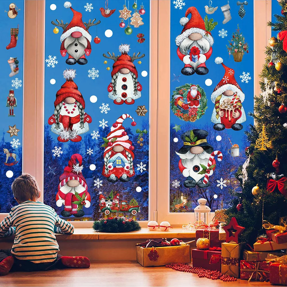 

Christmas Gnome Dwarf Electrostatic Window Glass Stickers Merry Christmas Scene Layout Santa Claus Wall Stickers New Year 2023
