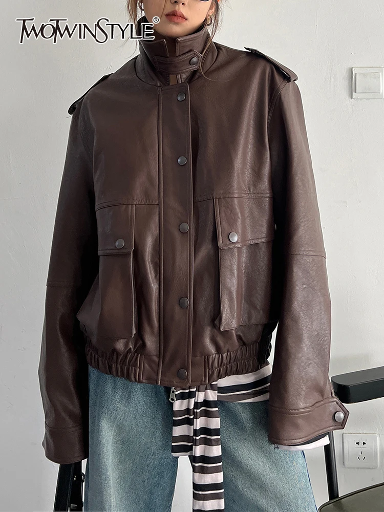

TWOTWINSTYLE Leather Vintage Jackets For Women Lapel Long Sleeve Patchwork Single Breasted Casual Loose Jacket Female Clothing