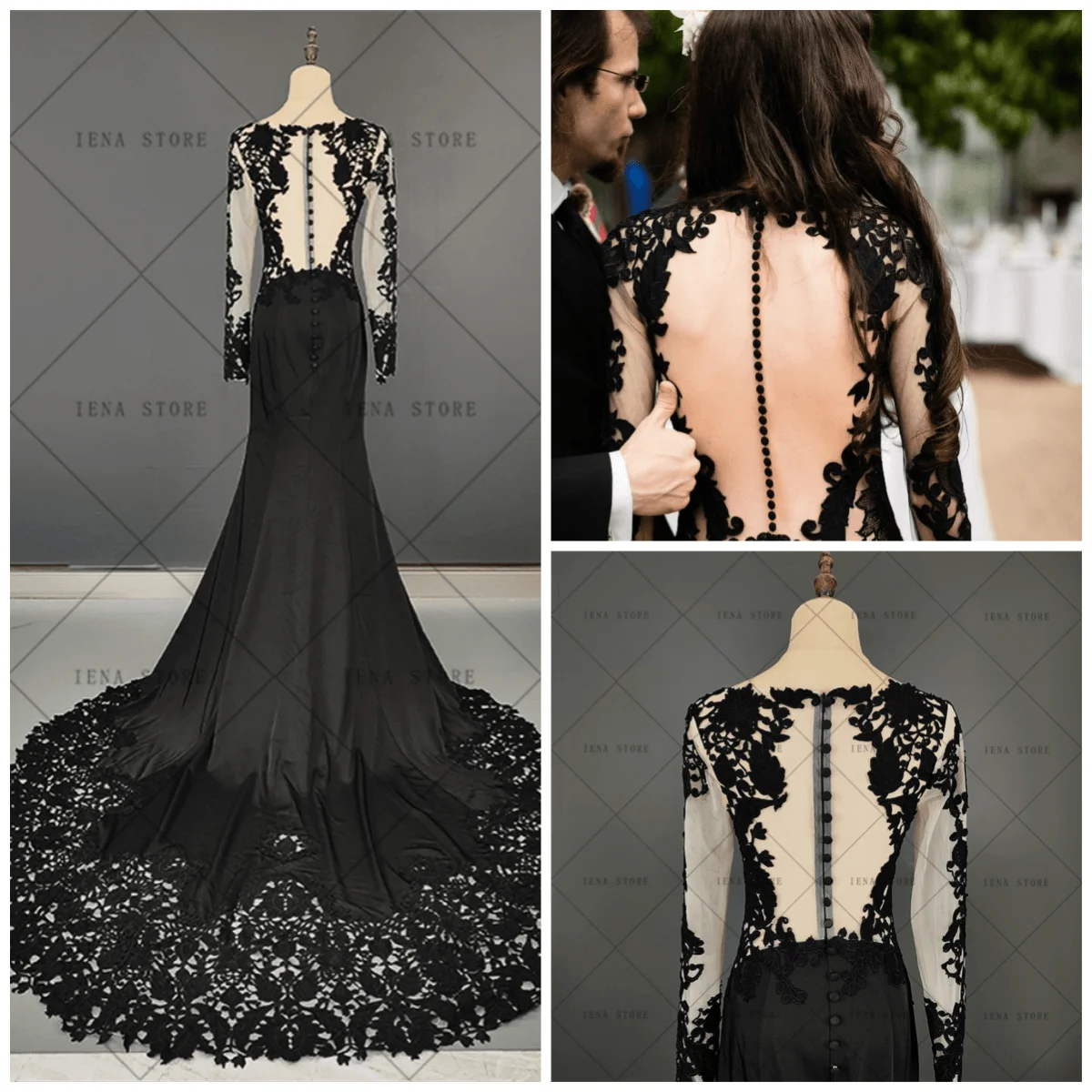 

17006#IENA Elegant Black Lace Bridal Gown with Buttons Bridal Cape Illusion Back Sexy Fishtail Gothic Mermaid Wedding Dress