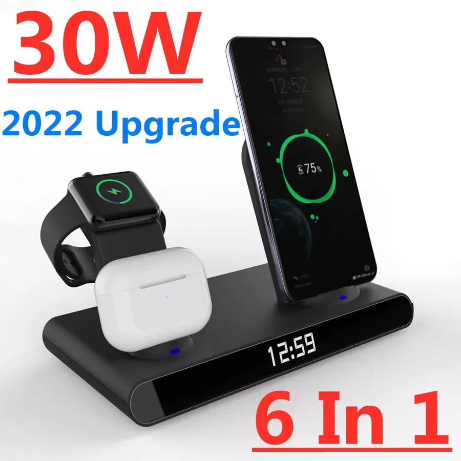 

6 in 1 30W Wireless Charger Station For iPhone 13 12 11 Pro Max Mini Qi Fast Charging for Apple Watch 7-1 Airpods Pro with Clock