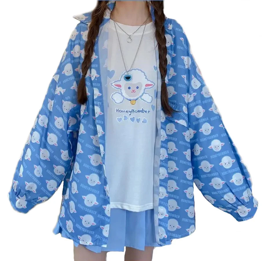 

Summer Mori Girls Kawaii Shirts Cartoon Lamb Print Blouse Trendy Fashion Girls Casual Lovely Daily Top Puff Long Sleeves Blusas