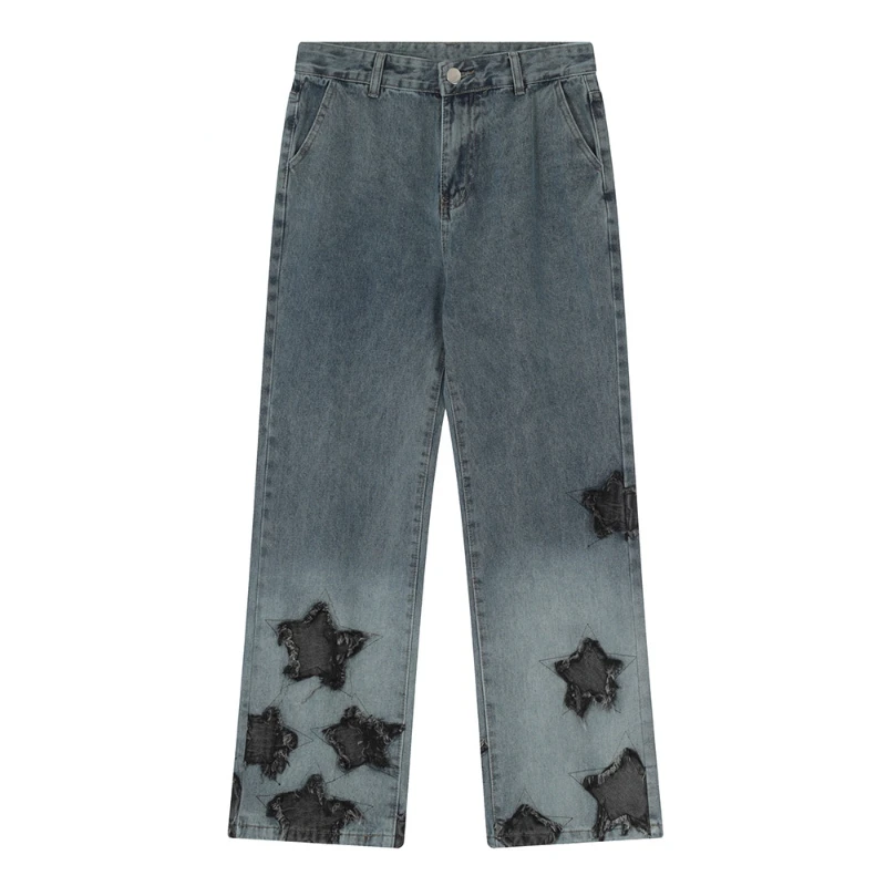 

Джинсы мужские потертые в стиле хип-хоп, свободные прямые джинсы с вышивкой звезд, повседневные уличные синие брюки оверсайз из денима
