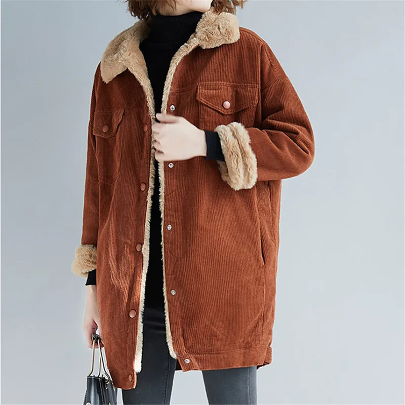 Autumn and Winter Jacket Ladies Corduroy Long Coat Lamb Wool Coat Female Long-sleeved Casual Single-breasted Jacket