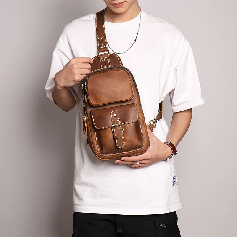 

Horse Vintage Designer Shoulder Day Men's Bags Sling Pack Bag Crazy Leather Chest New Bag Travel Outdoor Crossbody
