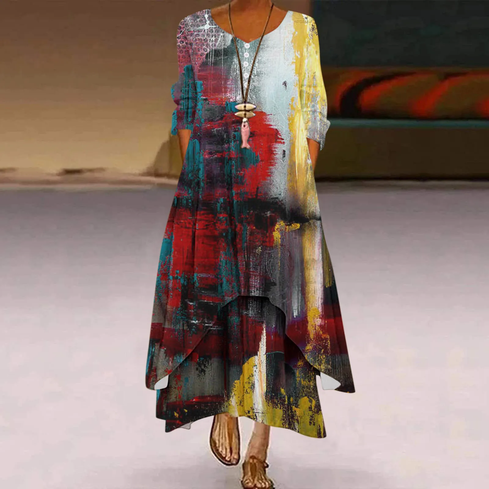 

Women Floral Loose Long Maxi Dress Oversized Bohemian Summer Beach Dress