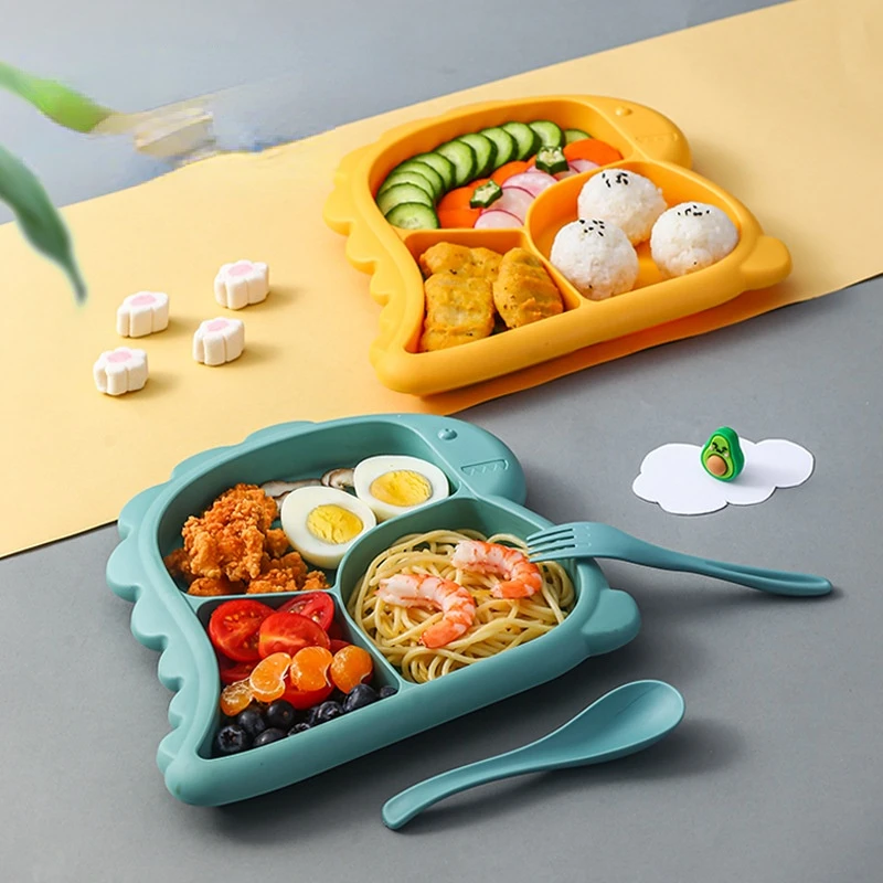

4pcs Baby Dinosaur Dinner Plate Tableware Set Children's Grid Home Creative Cartoon Environmentally Friendly Feeding Dishes
