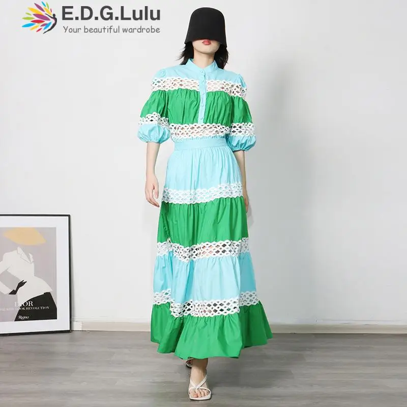 

EDGLuLu Two Piece Set Casual Elegant Contrasting Colors Stand Collar Puff Sleeves Blouse + High Waist Long Skirt Female Suit0319