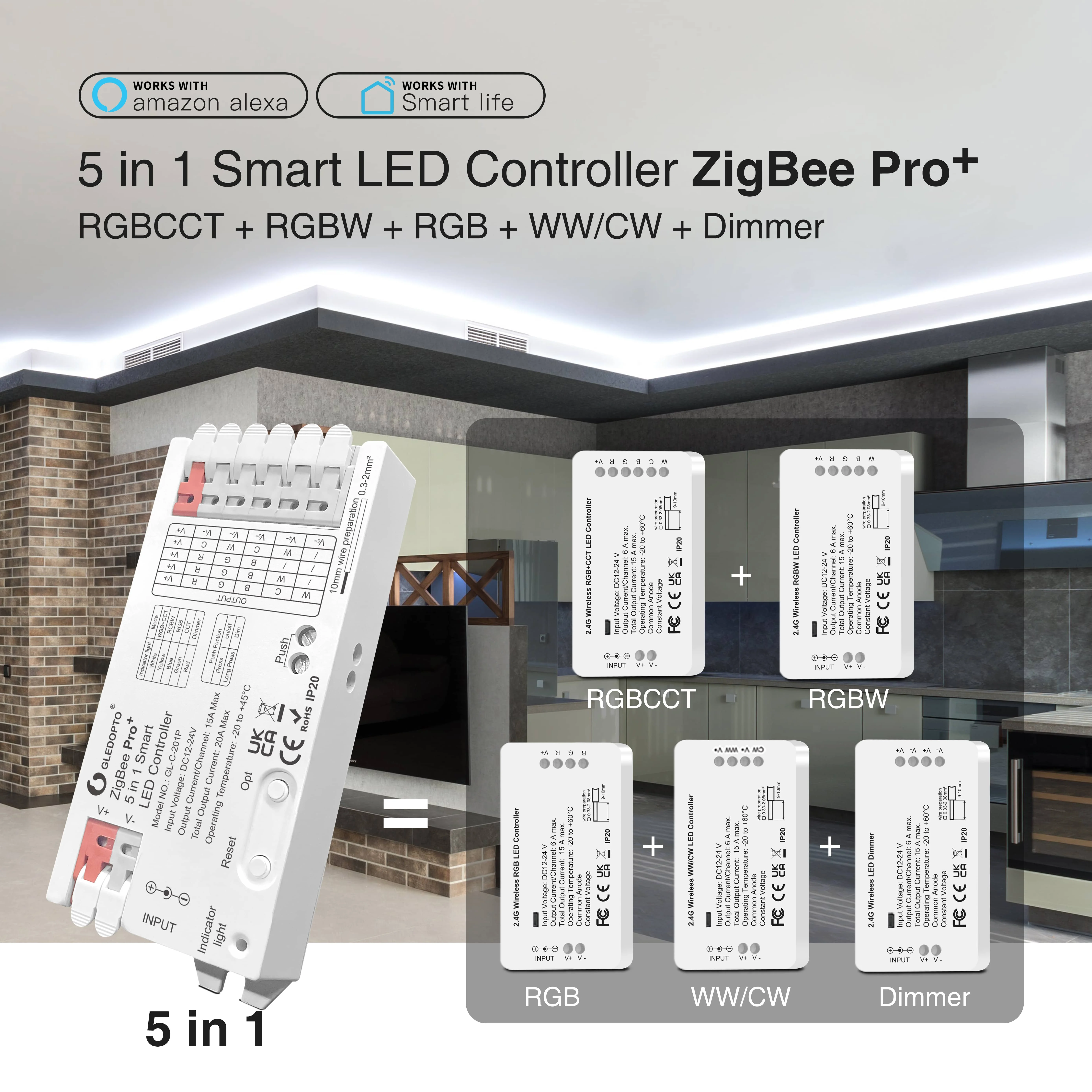 

Светодиодный контроллер ZigBee 3,0, 5 в 1, диммер, 12 В, 24 В, 20 А, RGB/RGBW/RGBCCT/CCT Светодиодная лента, умное приложение для голосового управления