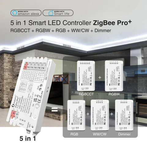 Светодиодный контроллер ZigBee 3,0, 5 в 1, диммер, 12 В, 24 В, 20 А, RGB/RGBW/RGBCCT/CCT Светодиодная лента, умное приложение для голосового управления