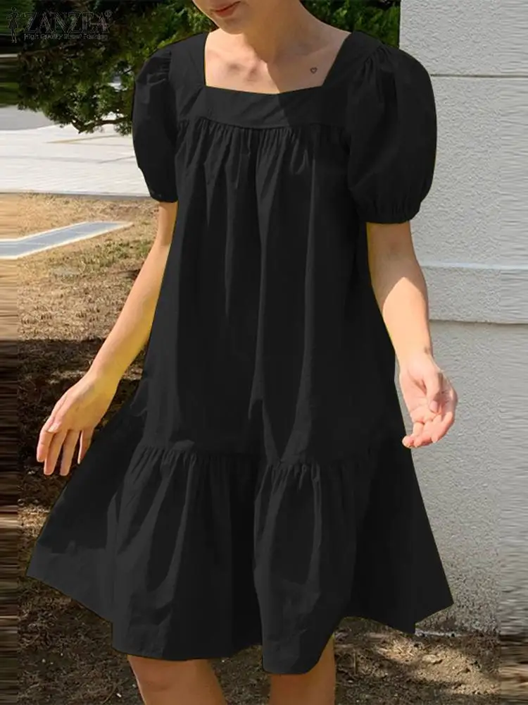 

ZANZEA Elegant Casual Party Holiday Sundress 2022 Summer Women Fashion Ruffles Dress Robe Square Neck Short Sleeve Vestidos
