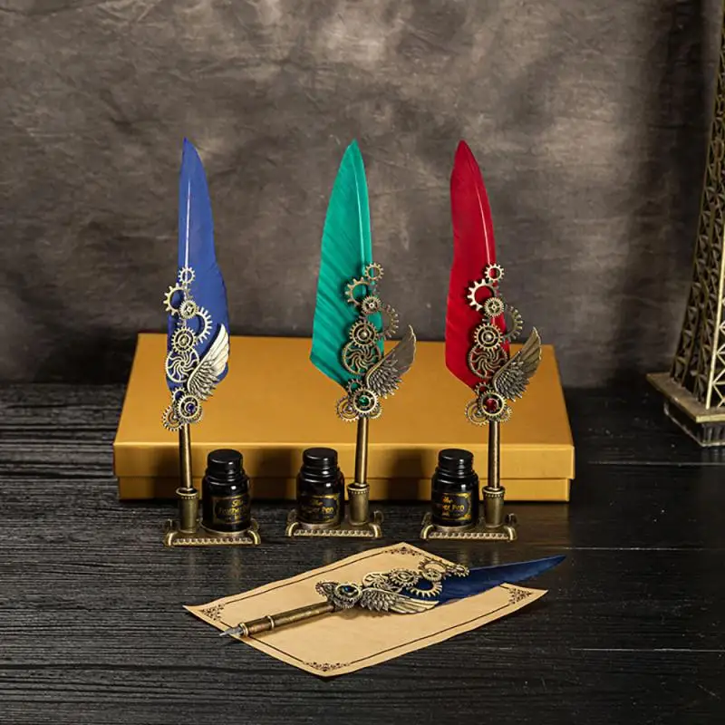 Ручка перьевая в винтажном стиле набор с чернилами и золотым перьевым карандашом