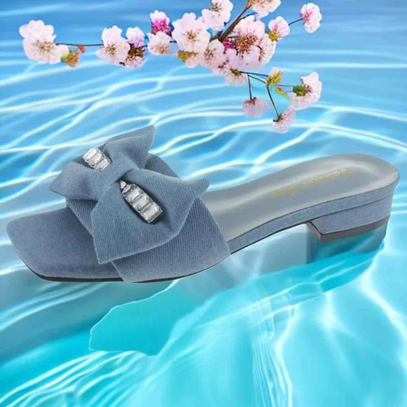 

Women's Slippers 2023 New Open Toe Bow Rhinestone A Word with A Half Drag Summer Fashion Ladies Slippers Shoes for Women Sandals