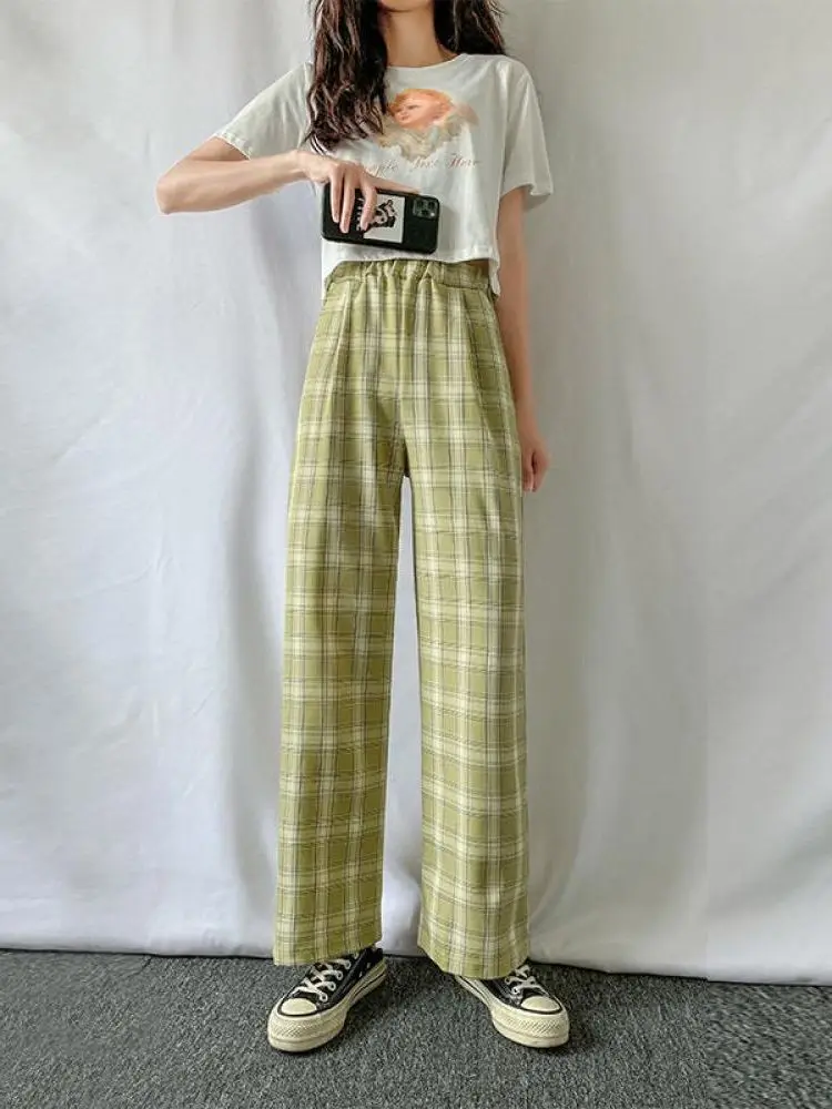 Брюки женские тонкие в клетку повседневные свободные штаны с широкими штанинами