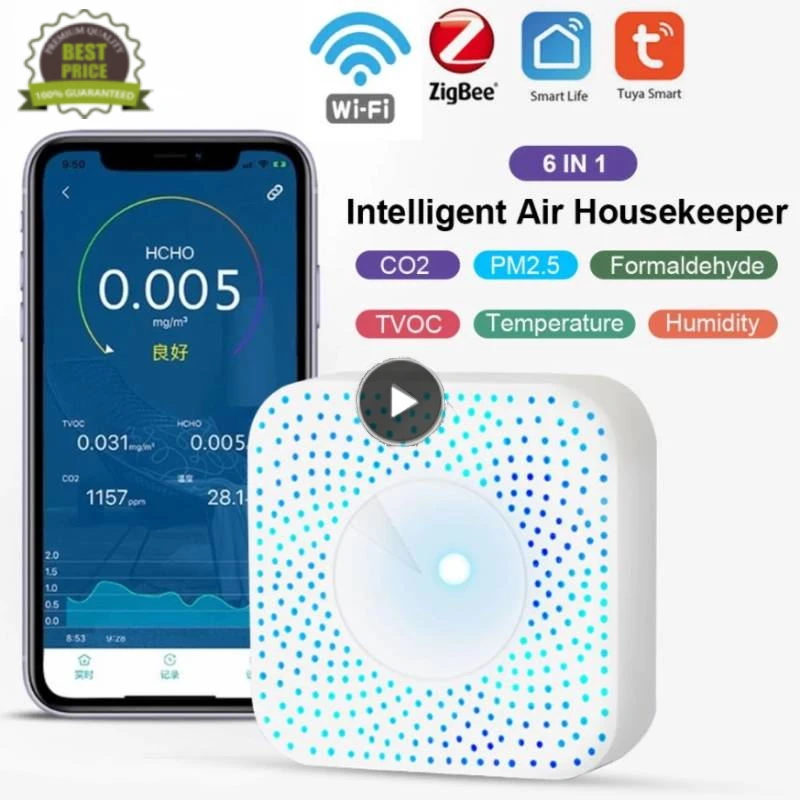 

Tuya Wifi Smart Air Quality Monitor CO2 Sensor Temperature Humidity Meter VOC HCHO PM2.5 Gas Detector Automation Alarm Dector