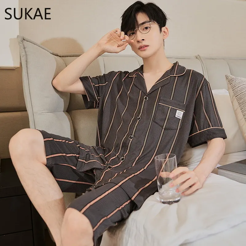 SUKAE Summer Modal Cardigan Sleepwear for Man Fashion Man's Casual Turn-down Collar Shorts Chic Design Boys Pijamas Homewear Set