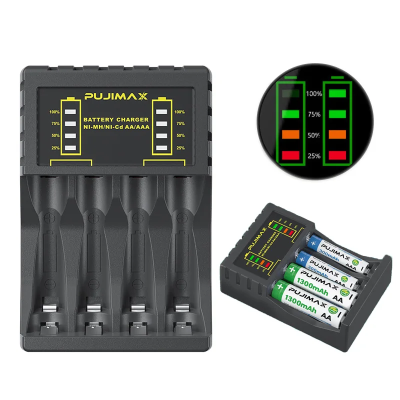 Battery Charger 4 Slot Intelligent Fast Charge with Indicator for 1.2V NiMH NiCd AAA/AA Rechargeable Batteries USB C Micro Jack