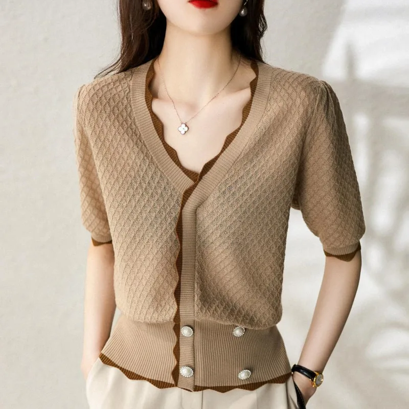 

#3768 Mercerized Cotton Knitted T Shirt Women V-neck Buttons Sexy Short T-shirt Femme Thin Korean Style Women T-shirt Summer2022