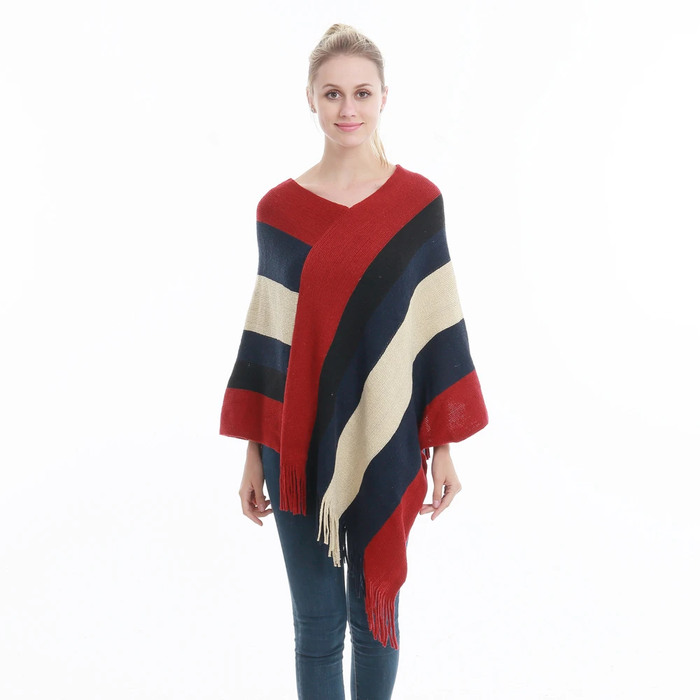 

Women Spring & Autumn Pullover Cloak Tassel Knitted Shawl Match Color Loose Top Female Smock Striped Elegant Patchwork Shirt