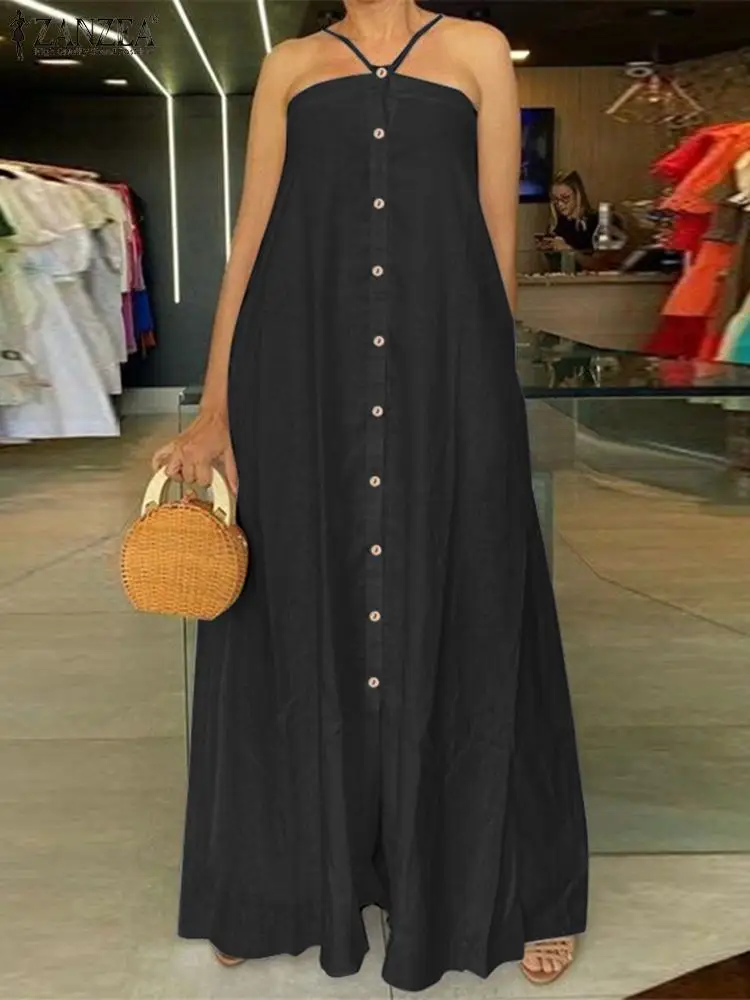 

ZANZEA Sexy 2023 Summer Bandeau Dresses Loose Casual Robes Strappy Halter Holiday Maxi Dress Fashion Buttons Up Women Vestidos