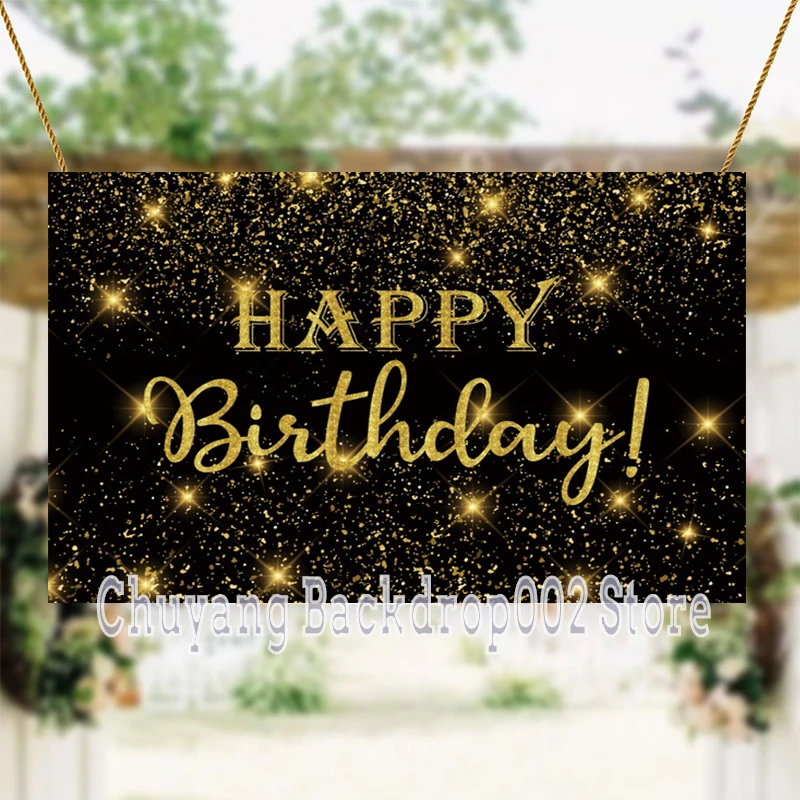 Disney Happy Birthday Party Photo Backdrop Black Gold Glitter Balloon Adult Photography Background Shining Dots Banner Photocall