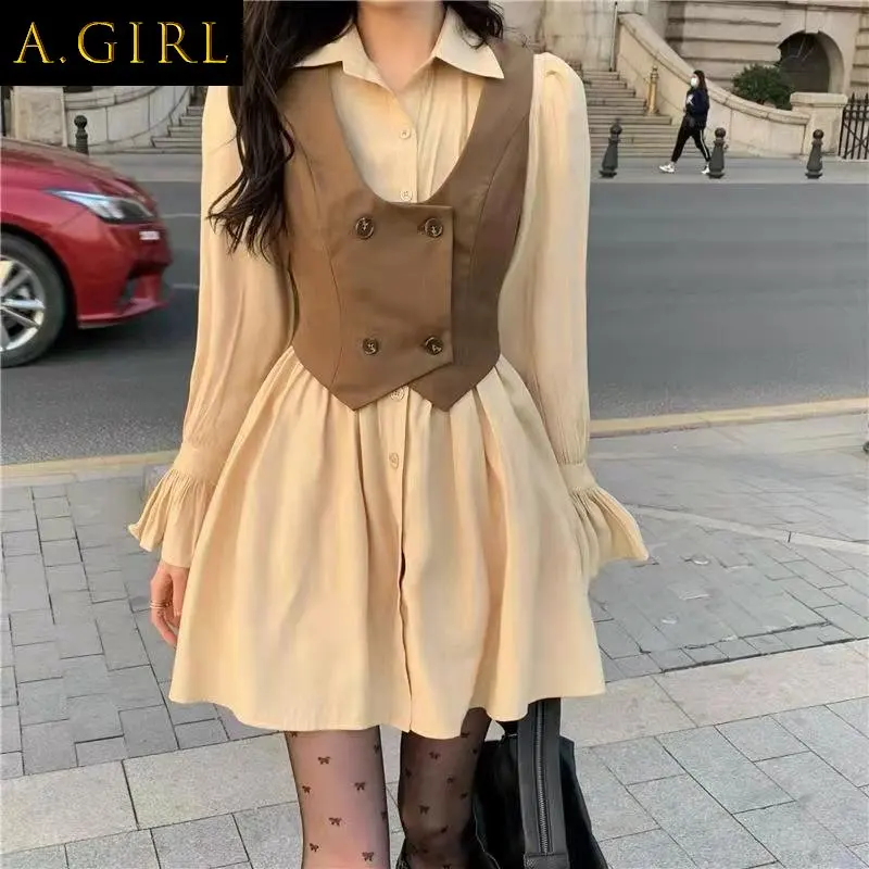 

Женский комплект с длинным рукавом, двубортный жилет в стиле Харадзюку, мини-платье, Y2K, весна, Лидер продаж