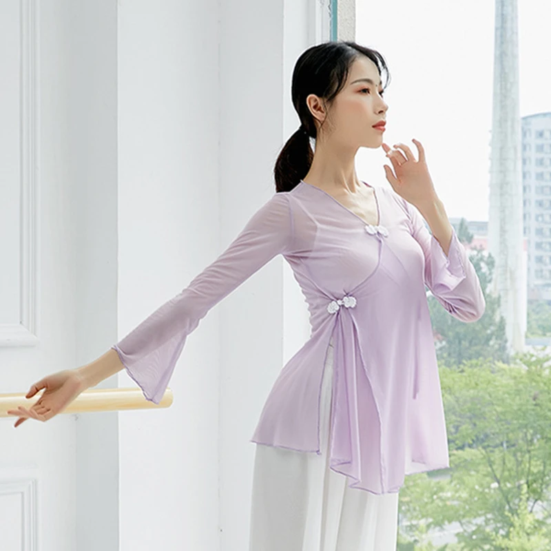 Классический танцевальный топ с разрезом боковой подол сетчатая рубашка