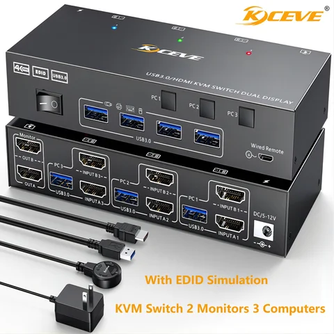 KVM-переключатель 2 монитора 3 компьютеров USB 3.0 HDMI