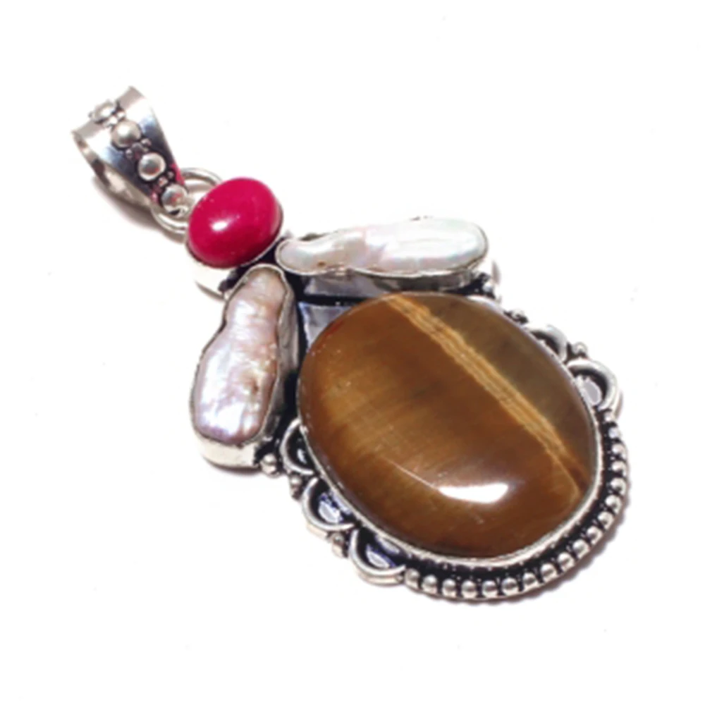 Подлинный тигровый глаз + Бива жемчуг + Коралловый кулон многослойный из меди, женская бижутерия ручной работы, подарок