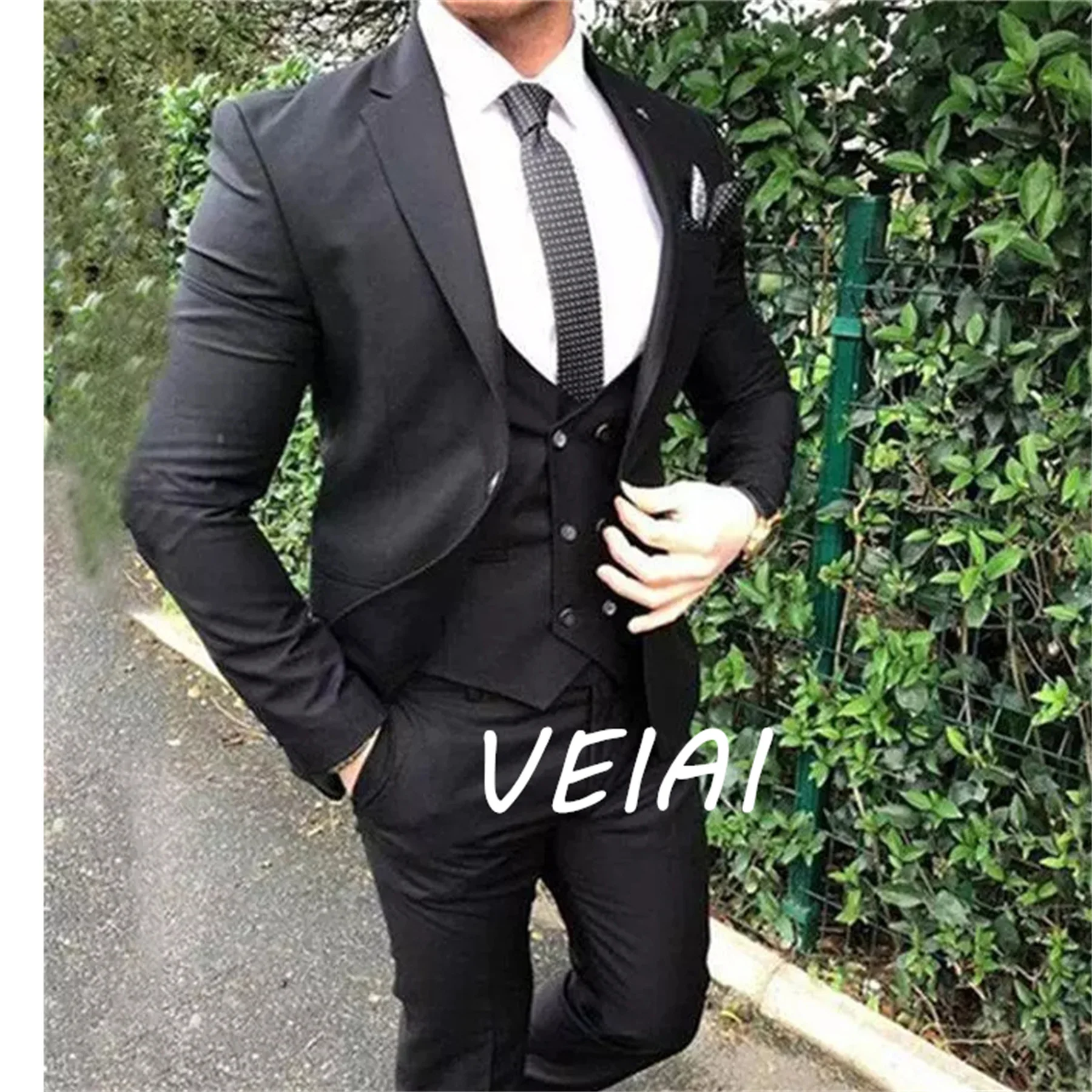 

Black Men Suits Slim Fit Notch Lapel Groom Tuxedo for Wedding Party Causal Street Fashion 3 Piece Jacket Vest with Pants