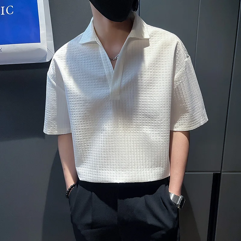 2022 Solid Color Pullover Shirts for Men Summer Short Sleeve Loose Casual Shirt Streetwear Social Party Tops Camisas Para Hombre