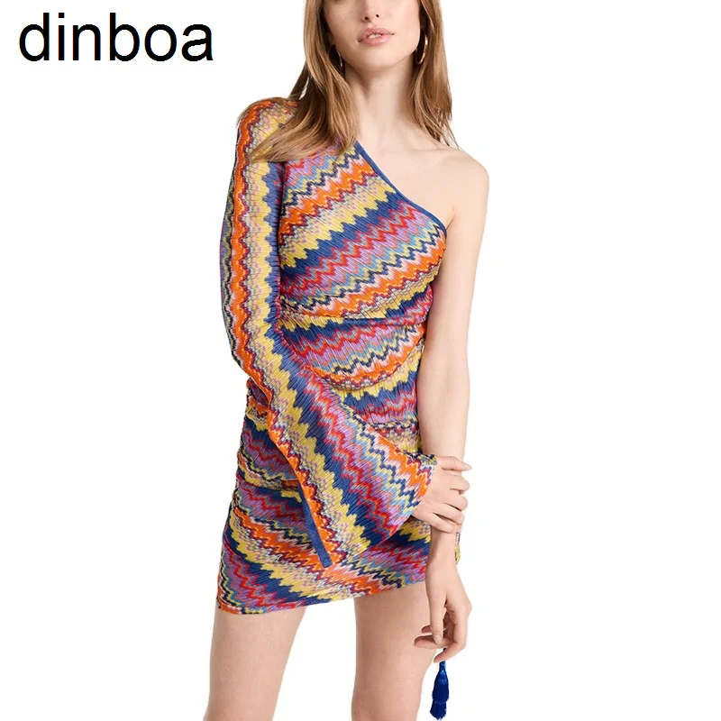 

Dinboa New Design Flared Cuff Diagonal Shoulder Sexy Ladies Dress Irregular Single Long Sleeve Women's Party Dress