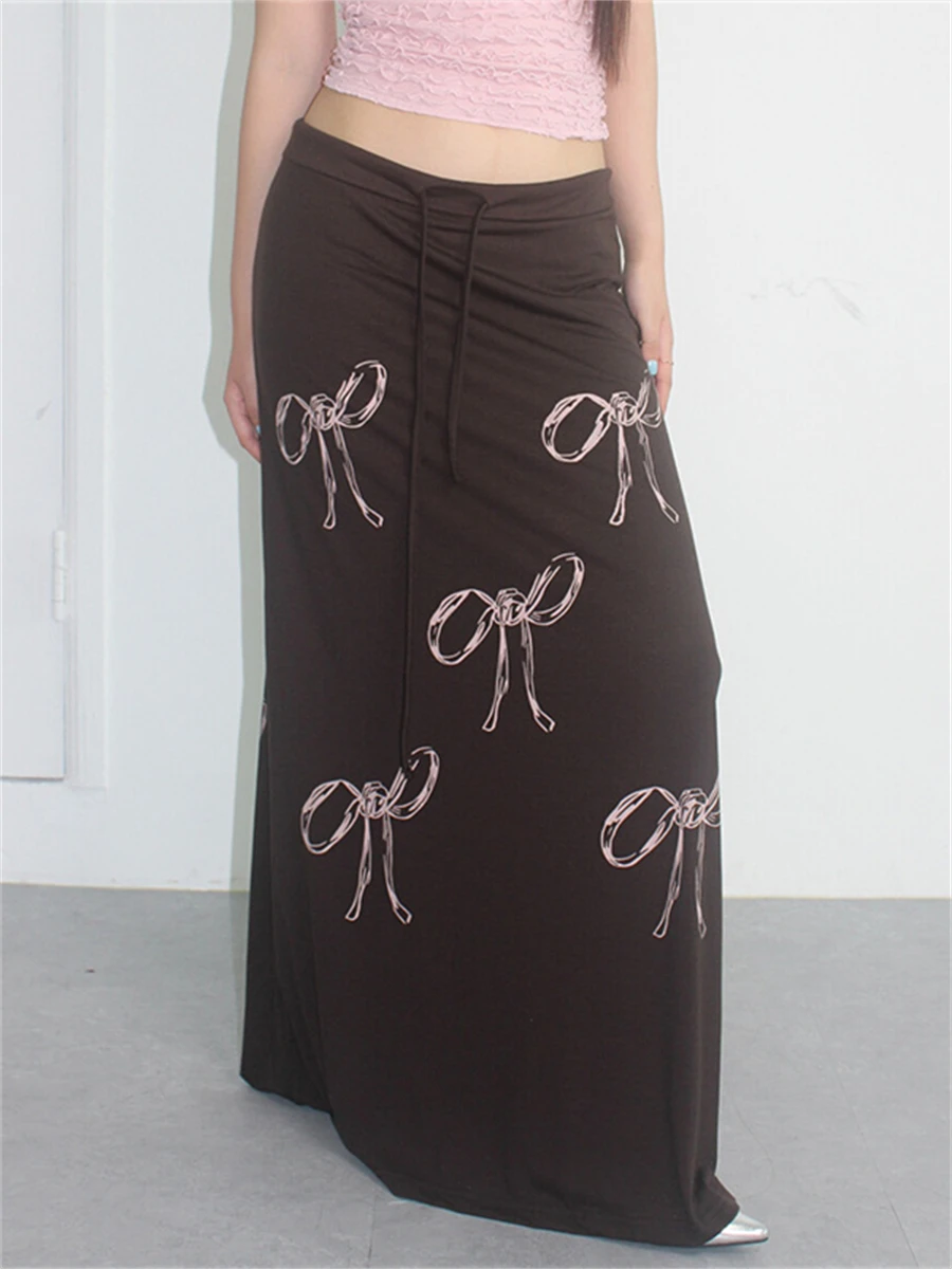 

Модные Винтажные женские длинные юбки в стиле ретро с бантом и принтом, юбки в стиле гранж Харадзюку со шнуровкой и средней талией, одежда в эстетике