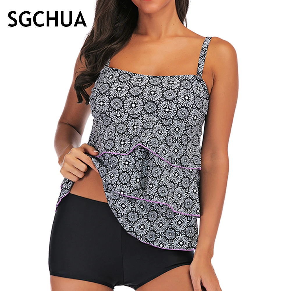 

Женский Купальник с рюшами, танкини, комплект, купальный костюм с эффектом живота, топ на бретелях для плавания с шортами для мальчиков, бикини, купалник