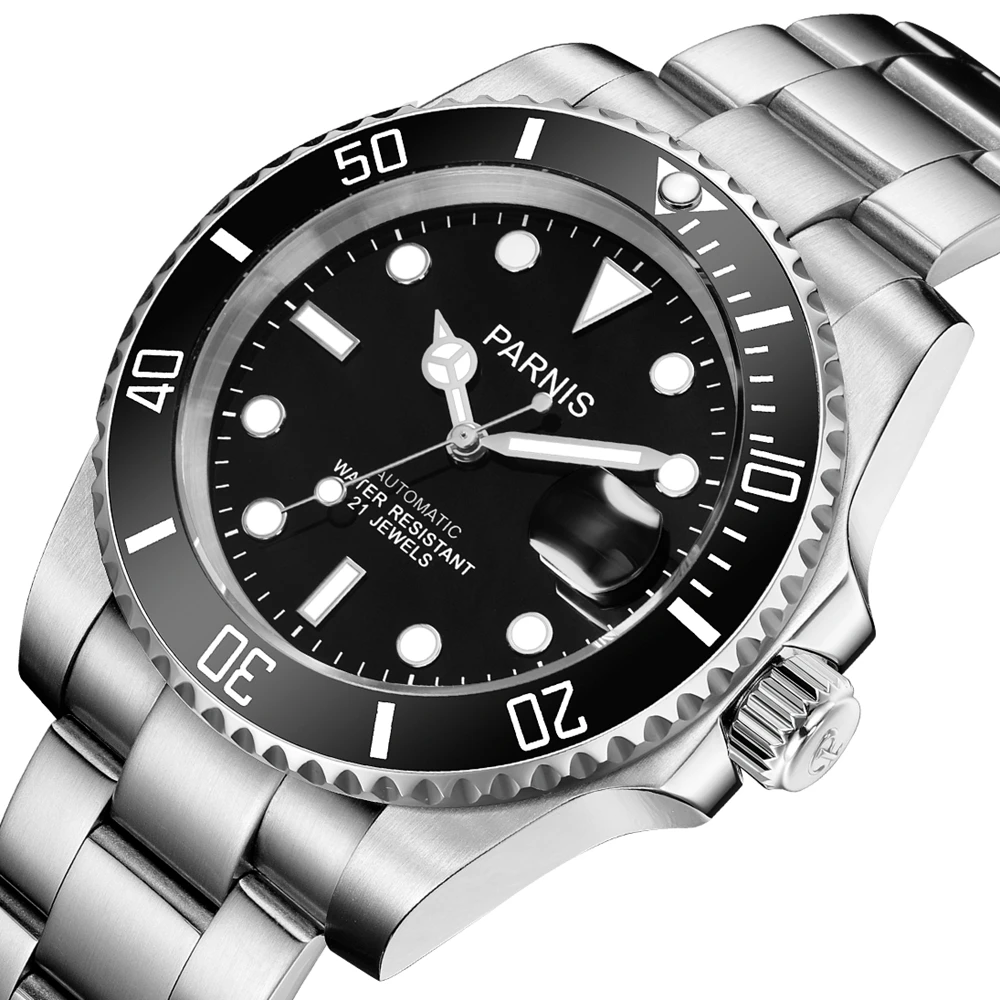 Новинка мужские часы Parnis 40 мм с черным циферблатом календарь сапфировое стекло