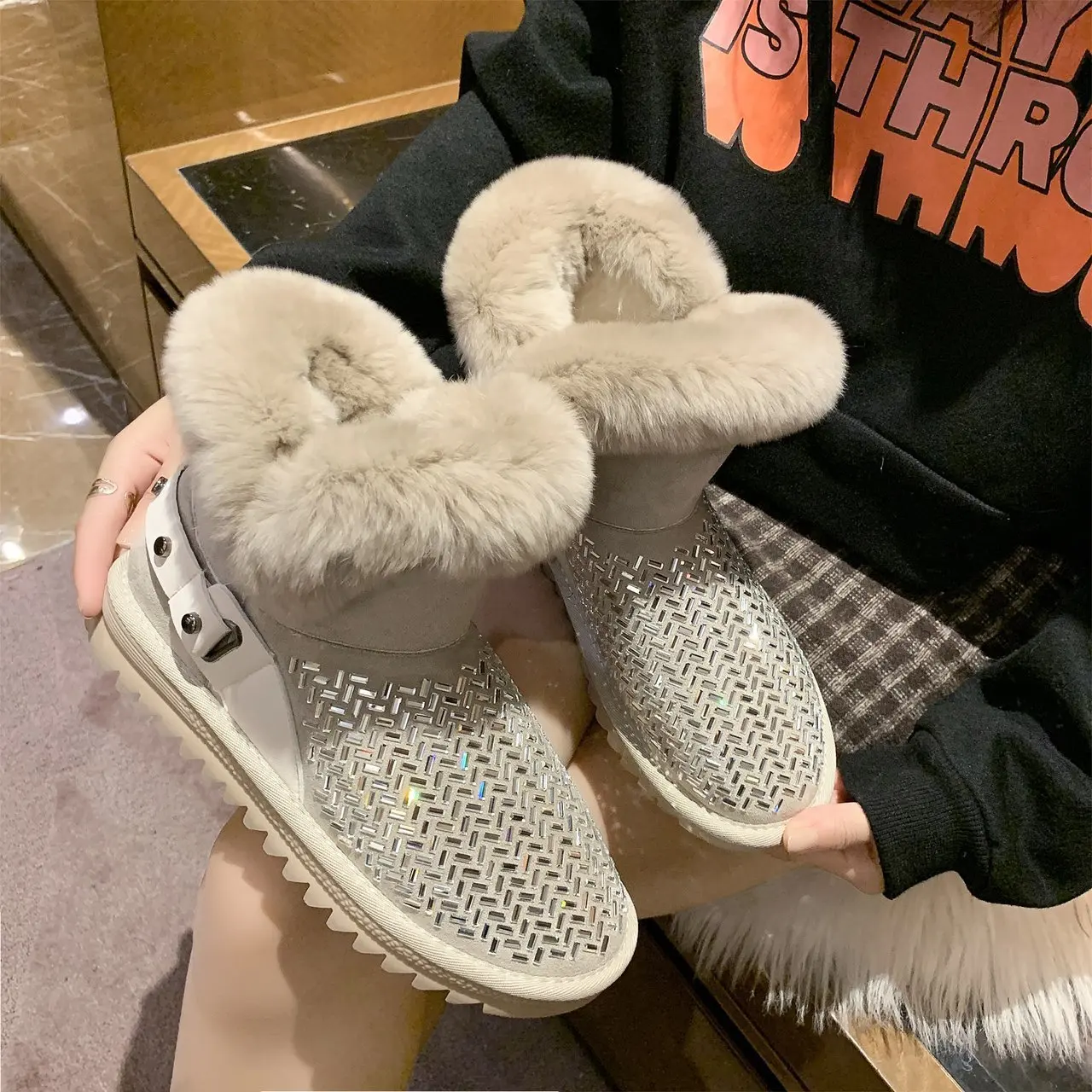 2022 New Winter Ankle Boot for Women Fashion Retro Strap Bling Shoes Short Woman Snow Booties Ladies Warm Plush Cotton Slippers