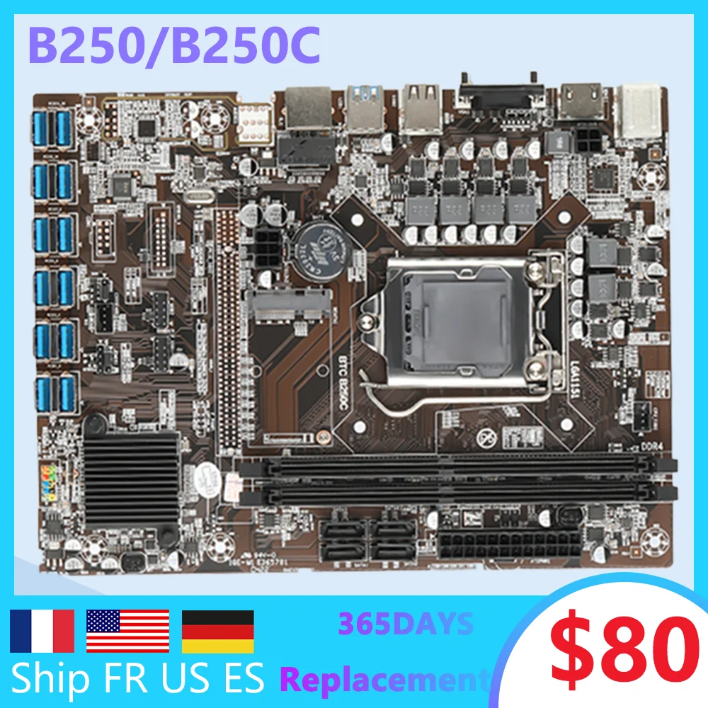 

Набор материнской платы для майнинга B250 BTC, комбинированный USB3.0 PCIE X16 LGA 1151 DDR4 процессор G3900 VGA mSATA, поддержка 12 графических карт, Майнер