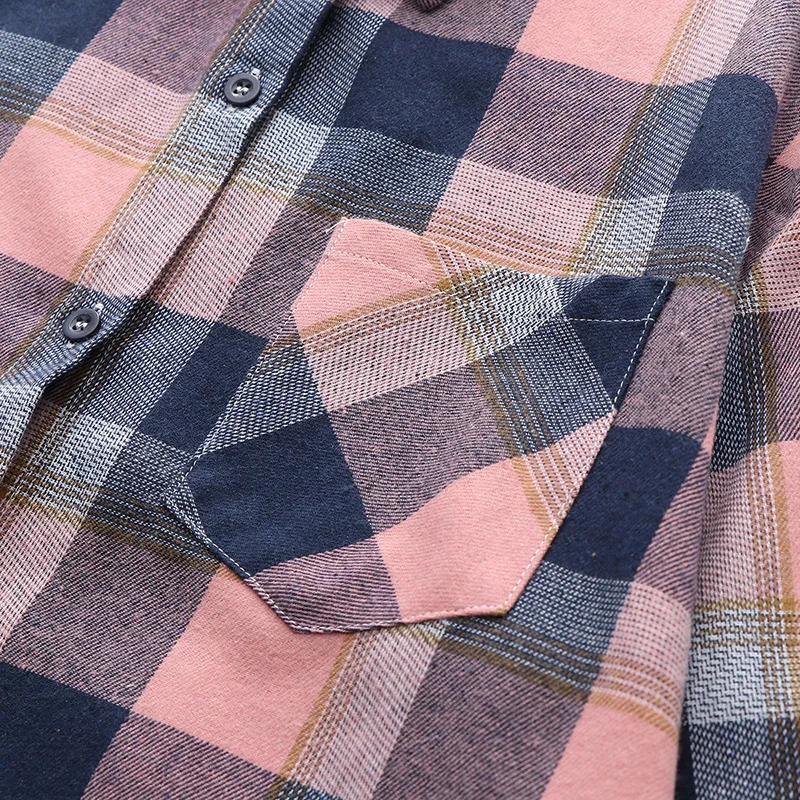 New Autumn Winter Plaid Shirts Women Cotton Ladies Casual One Pocket Top Loose Plus Size Blouse Female Long Sleeve Blouses