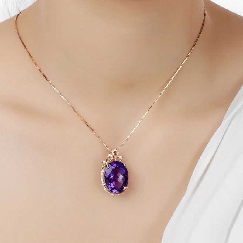 

18K Rose Gold necklace jewelry natural amethyst Pendant Bizuteria Necklace Female Amethyst Pendant Gemstone Chalcedony Jewelry