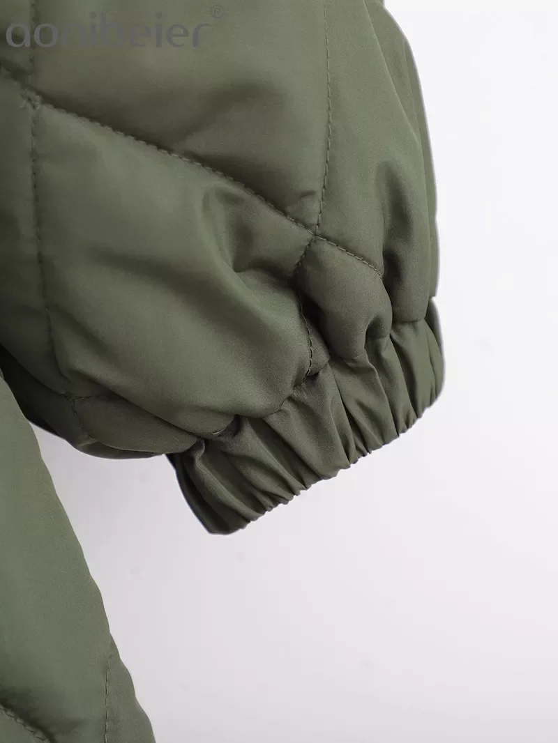 New2022 2022   Woman Casual Traf Coats Winter Warm Argyle Quilted Padded Jacket Hooded Zipper Mid Length Loose Parkas Outwear