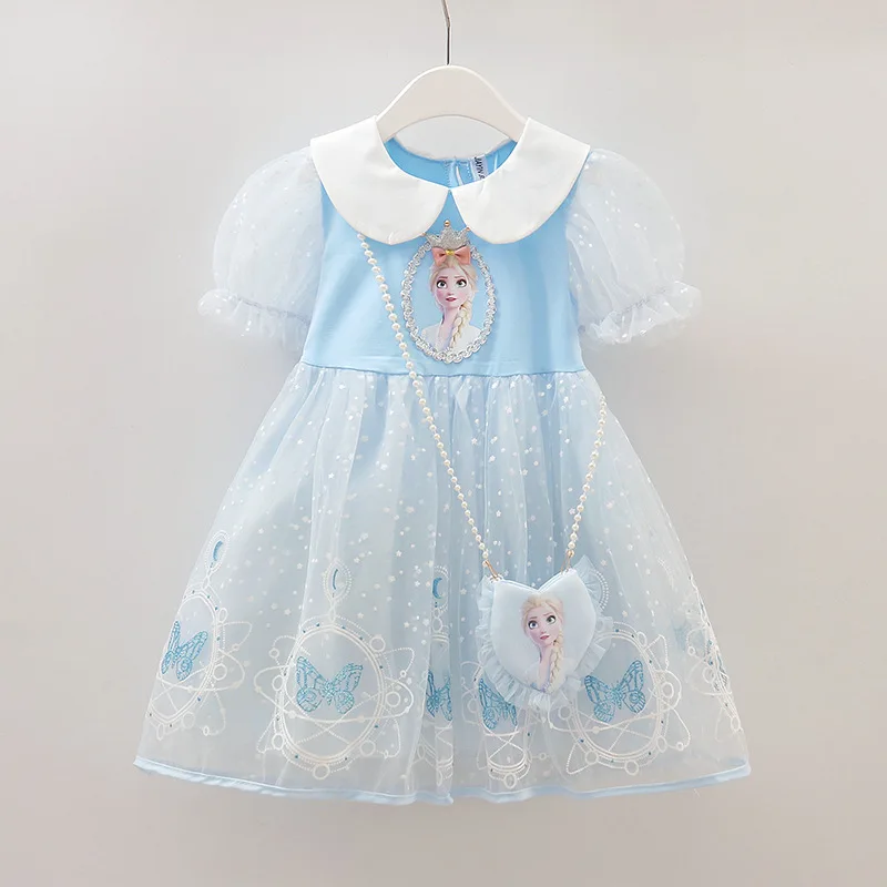 Disney-vestido de princesa Elsa para niñas, ropa bonita de manga corta de malla de estilo exterior, novedad de verano de 2022