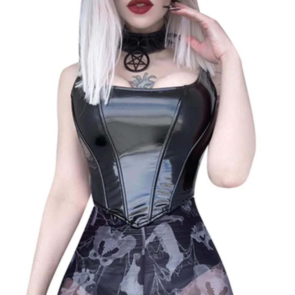 

Goth PU Leather Bustier Corset Top Women Y2K Streetwear Black Vest Cropped Tank Tops Grunge Clothes