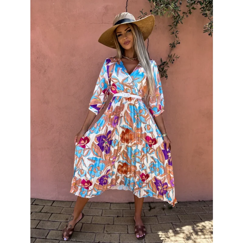 

Женское плиссированное платье с поясом, повседневное облегающее пляжное платье с V-образным вырезом, рукавом до локтя и принтом в стиле бохо, лето 2023