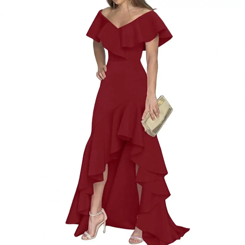 

Elegant Off Shoulder Dress Women Dress Ruffle Trim V-neck Gown Long Dress Floor-Length Evening Party