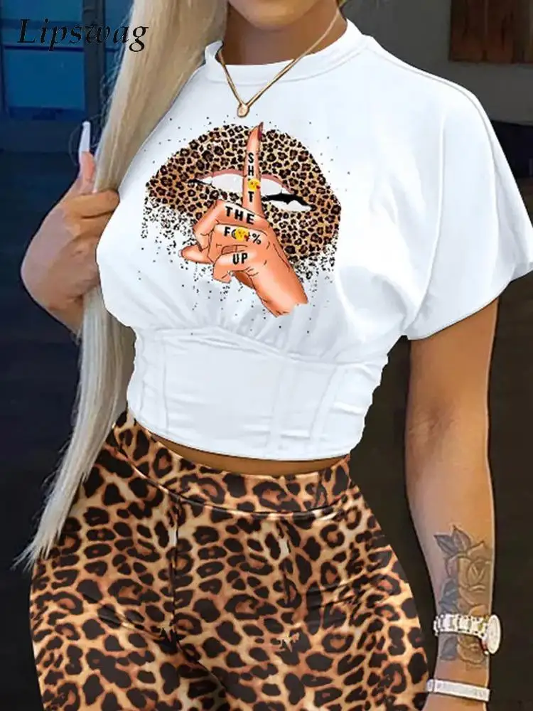 

Women Fashion Leopard Lips Print Tops Set Lady Summer Tracksuit Outfits Casual Short Sleeve O Neck T-Shirt And Sport Shorts Suit