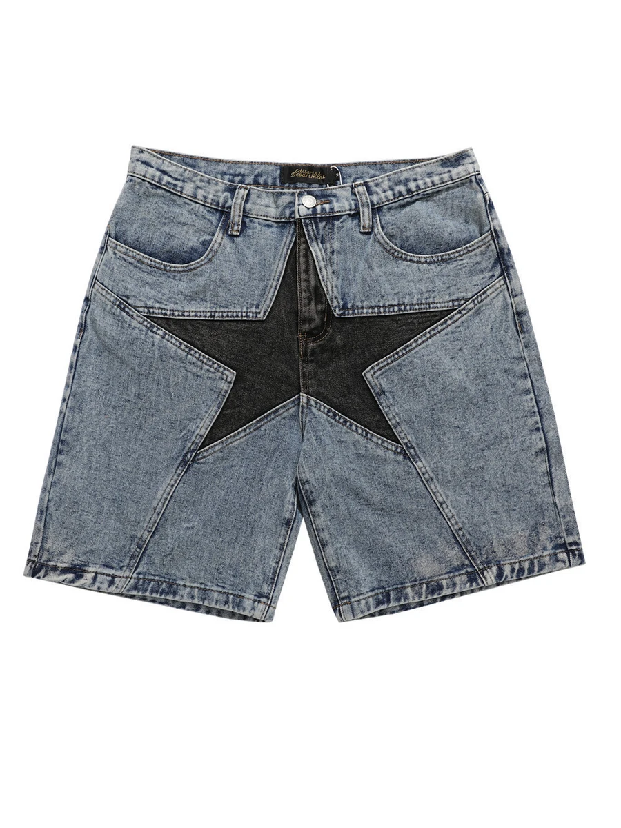 Summer Shorts Star Patch Embroidered Denim Shorts Men's Harajuku Street Hip-hop Stitching Loose Casual Jeans Oversized Shorts
