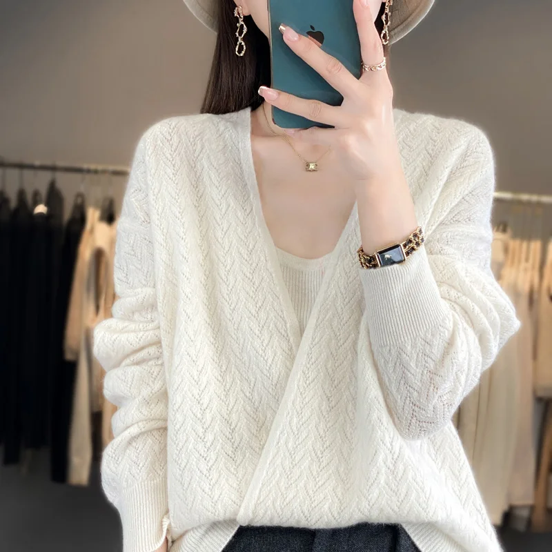 Свитер женский из 100% чистой шерсти с V-образным вырезом модный однотонный вязаный