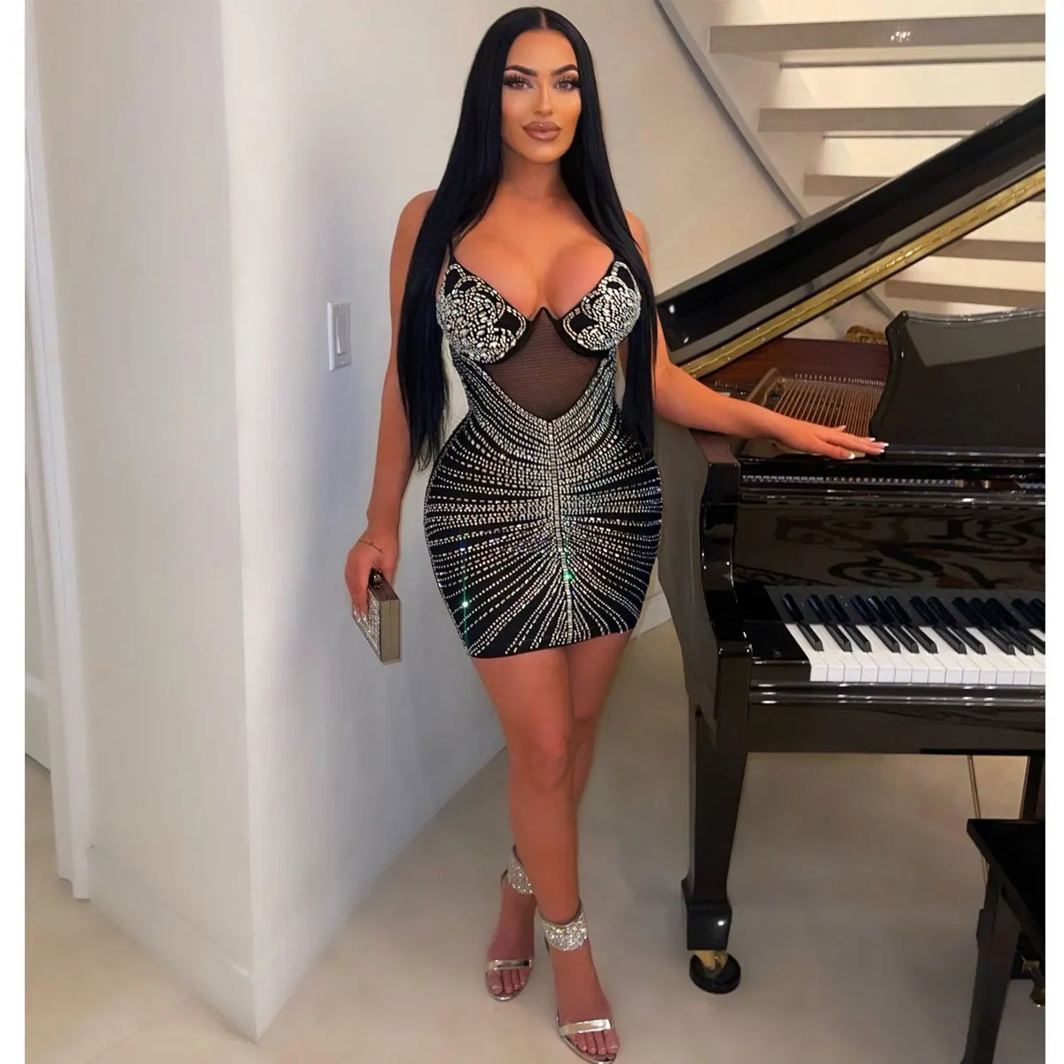 

Повседневное женское платье, мини-платье на бретелях-спагетти, прозрачная сетчатая одежда с бриллиантами для вечеринок, ночных клубов, платья для женщин, наряд