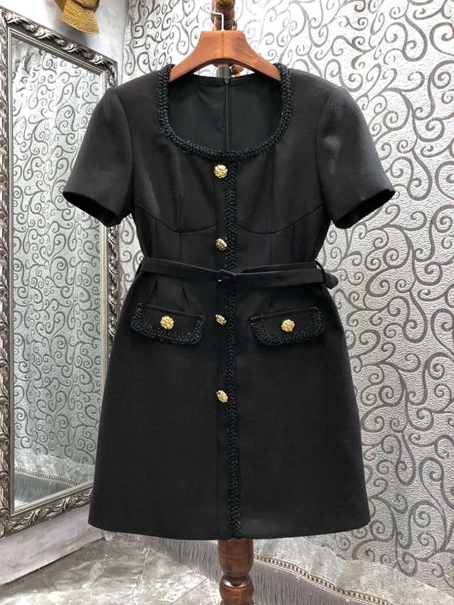 

2023 new women fashion short sleeve square collar woolen belt slim elegant slim dress 0301