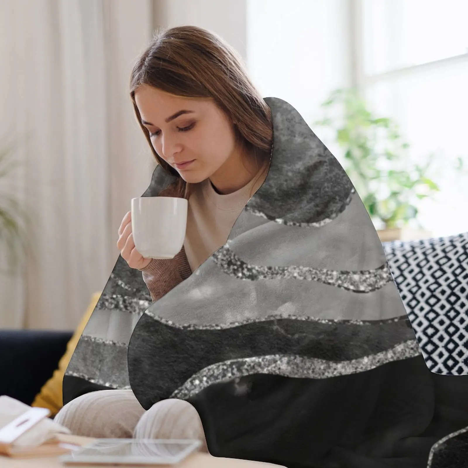 Серый черный белый мраморный агат серебряный блестящий гламур # 1 (искусственный